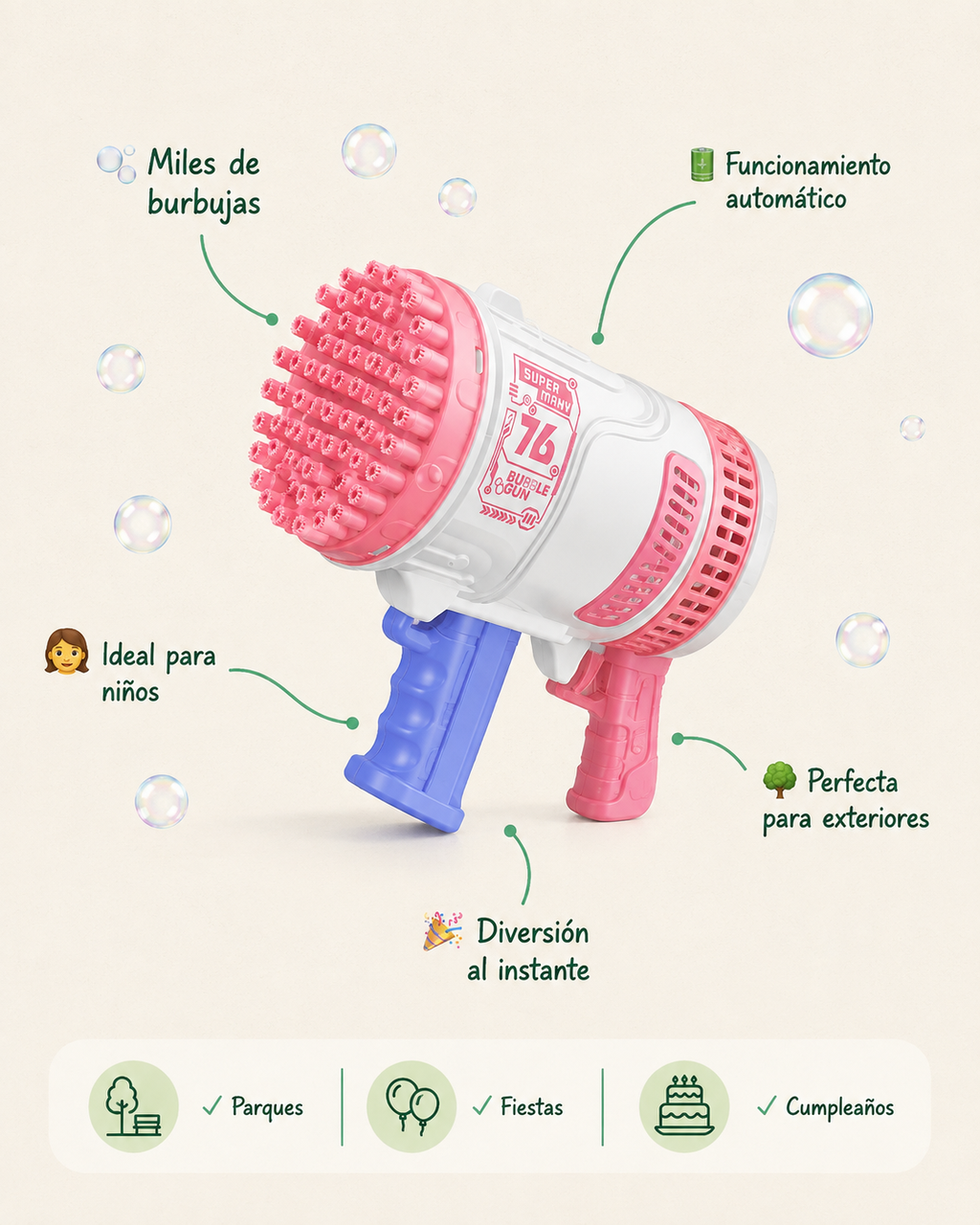 Pistola de Burbujas de 76 Agujeros | Miles de Pompas en Segundos